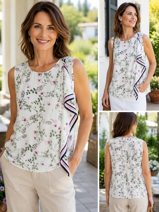 Ann Taylor Tops - Ann Taylor White Floral Sleeveless Top with Pink & Green Accents